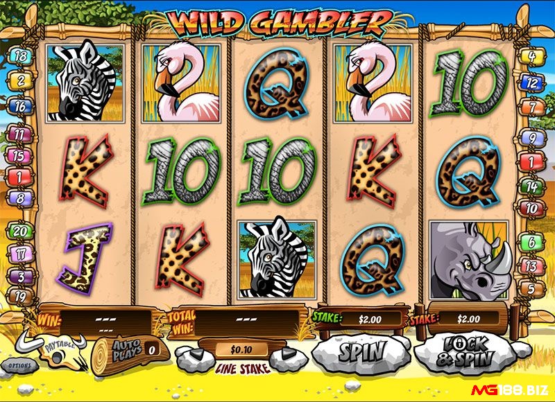 Wild Gambler slot với cấu trúc cuộn 5x3 cùng các biểu tượng động vật hoang dã trên guồng