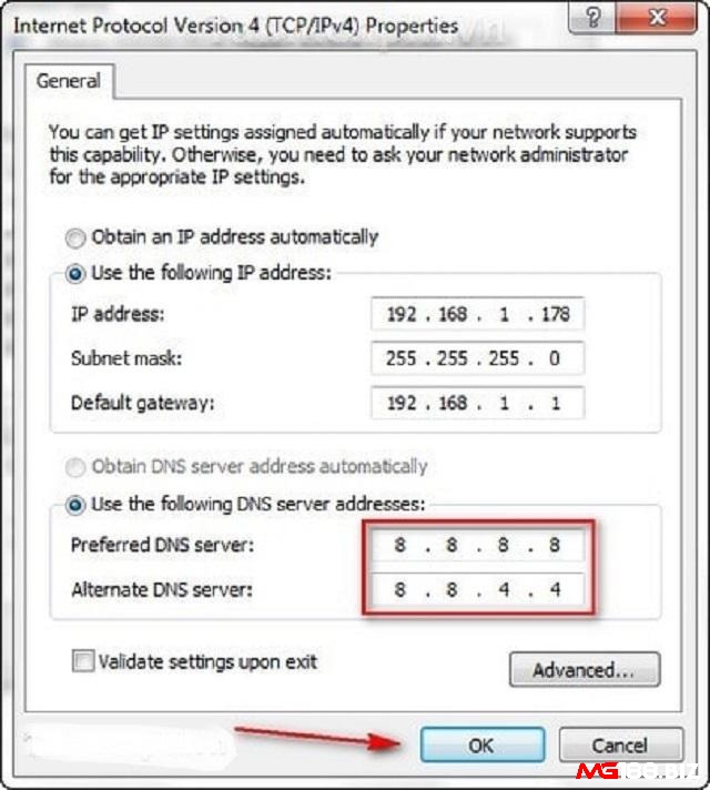 Thay đổi DNS: 8.8.8.8