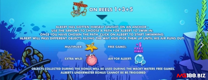 Albert's Underwater Bonus được kích hoạt khi biểu tượng mỏ neo xuất hiện trên cuộn 1, 3 và 5