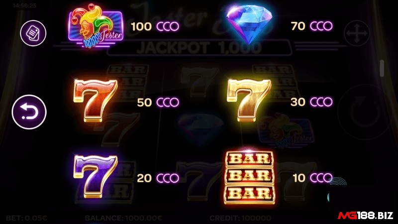 Các biểu tượng trả thưởng trong Jester Trio slot là gã hề, kim cương, số 7 và thanh Bar